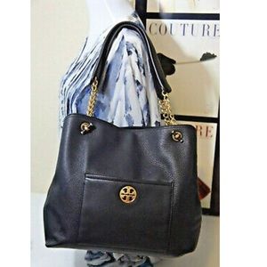 Authentic Tory Burch Chelsea Slouchy Black Leather Shoulder Tote